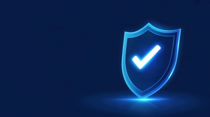 Securing Digital Quality - A glowing shield with a checkmark on a dark blue background, symbolizing a secure digital service, quality assurance, and a reliable network