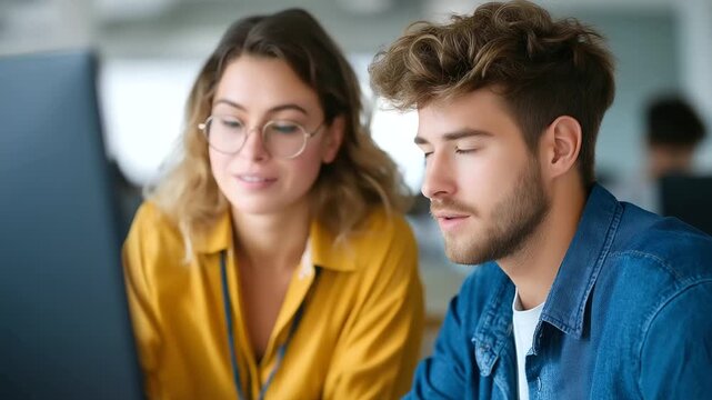 An experienced graphic designer in a modern office environment provides constructive feedback and design mentorship to an intern. This design critique session and professional advice are key to skill