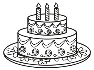 Birthday Cake with Candles Line Art Illustration on White Background, perfect for celebration designs, party invitations, greeting cards, festive decorations, and creative birthday-themed