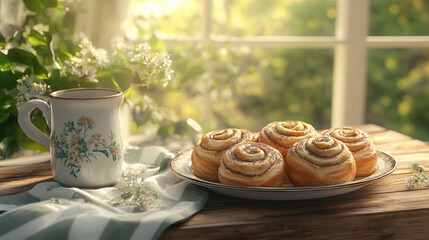 Freshly baked spiral buns sprinkled with poppy seeds and powdered sugar served with coffee cup in cozy setting with natural light and striped napkin.