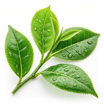Fresh green tea leaves with water droplets isolated on white background