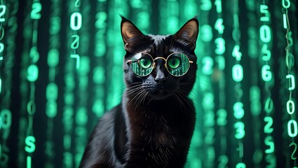 Black cat wearing glasses with digital code reflection and green matrix background for data science and technology concepts