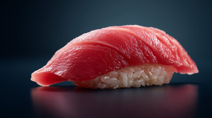 光沢のある美しい赤身と中トロのまぐろ握り寿司を一貫だけクローズアップ