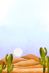illustration of a summer sunrise against a desert background with cactus plants