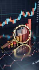 Analyzing Stock Market Data - A magnifying glass hovering over a financial candlestick chart, with red and blue bars, for detailed stock market analysis