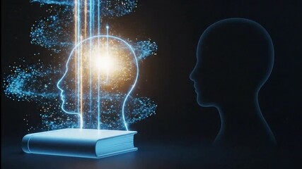 Futuristic concept of learning, where knowledge from a book streams into a glowing, particle-filled human head. - Powered by Adobe