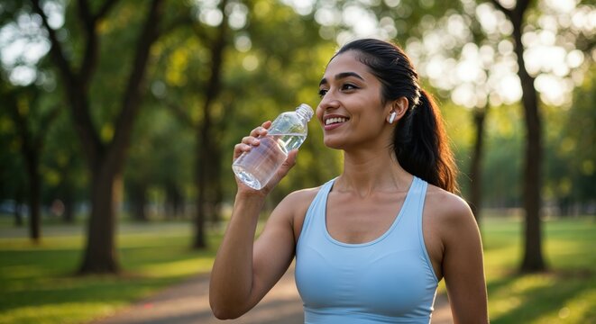 Young woman taking a break from her exercise routine to hydrate with a bottle of water in the park - Powered by Adobe