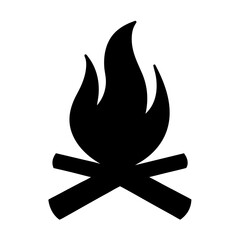 Stylized black and white icon of a campfire with crossed logs