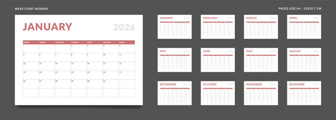 Set of 12 Pages Monthly Calendar Planner Templates on 2026 year. Vector mockup of a wall or desktop calendar organizer grid with the week starting on Monday ready print. Page for size A4 -21x29.7 cm