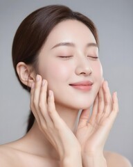 Smiling Asian Woman with Eyes Closed, Holding Her Face