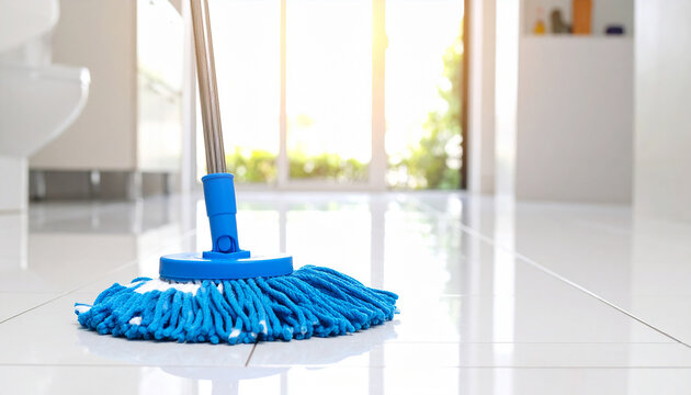 Close-up of a blue microfiber mop on a sparkling white tiled floor in a modern sunlit bathroom. Household cleaning concept.