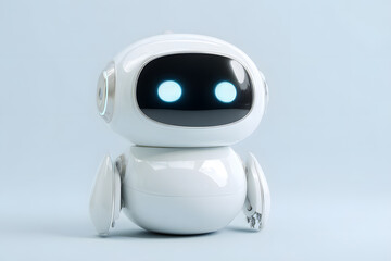 3D cartoon-style robot with blue glowing screen eyes, waving hand. Minimalist and cute, ideal for AI or tech branding.