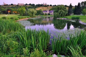Naklejka premium Serene park pond at dusk, with reflections of hills and buildings