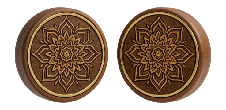 Wooden plug earrings with engraved mandala design