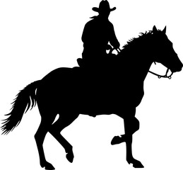 a silhouette of a cowboy on a horse, side view, wearing a hat, black, white background