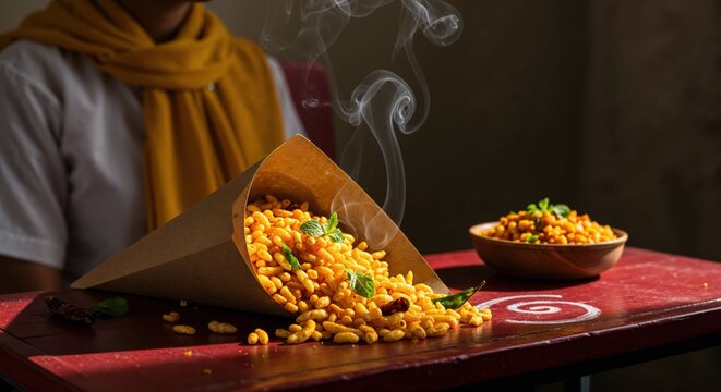 Delicious and flavorful bhelpuri a popular indian street food served in a paper cone on a wooden tray