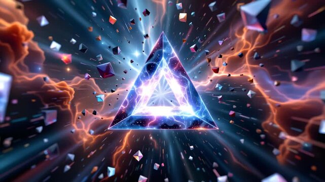 Abstract Geometric Triangle in Cosmic Realm: A stunning abstract visual featuring a luminescent, geometric triangle floating within a swirling nebula, interspersed with scattered.