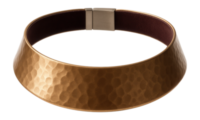 Collar necklace with a wide band of hammered metal in a bronze tone