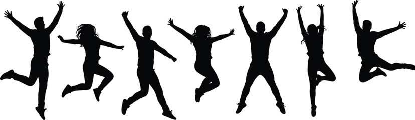 Silhouettes of joyful people jumping and celebrating, energetic active human figures, group of men and women in dynamic jumping poses vector