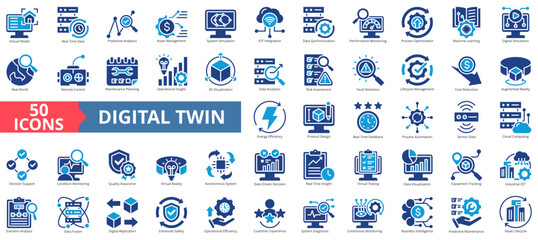 Digital twins icon set flat style collection. Containing virtual model, real time data, predictive analytics, asset management, system simulation, iot integration