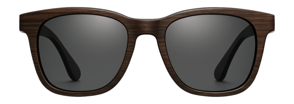 Wooden sunglasses with a dark stain and polarized lenses