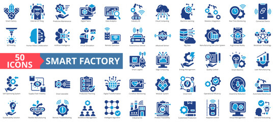 Smart factory icon set flat style collection. Containing predictive maintenance, digital twins, data analytics, industry 4 0, machine learning, robotics integration and automation