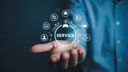 Corporate Services - A man's hand holding a glowing virtual circle with "SERVICE" text, surrounded by icons for a user, a call, and an email, for professional services
