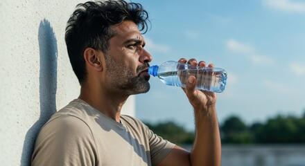 Athletic man drinking water from a bottle after workout to hydrate and refresh his body outdoors
