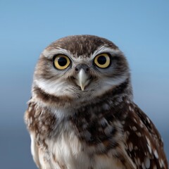 Obraz premium Curious Burrowing Owl Staring Intently with Bright Yellow Eyes against Blue Sky