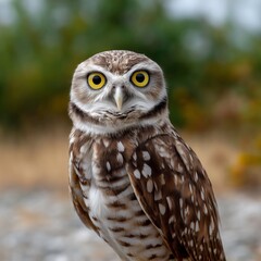 Obraz premium Curious Burrowing Owl Standing on Ground with Sharp Gaze in Dry Grassland