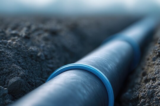 Underground pipe with blue ring positioned in freshly dug soil,