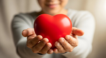 Person cradling a vibrant red heart, symbolizing love, care, and well-being for healthcare, charity, and emotional support campaigns