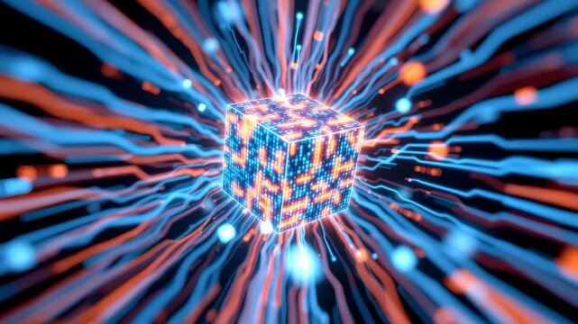 Digital Data Flow: A vibrant visualization of data streams coursing through a central cube, embodying the complexities of technology and network interconnectedness.