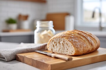 Freshly baked sourdough loaf rests on wooden board, showcasing c