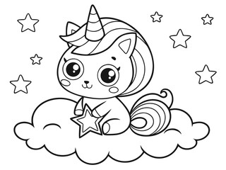 Fototapeta premium Baby cat unicorn with a little star sitting on a cloud. Caticorn coloring page for children, perfect for creative fun, imagination, fantasy, and magical moments in kids' art activities and playtime.