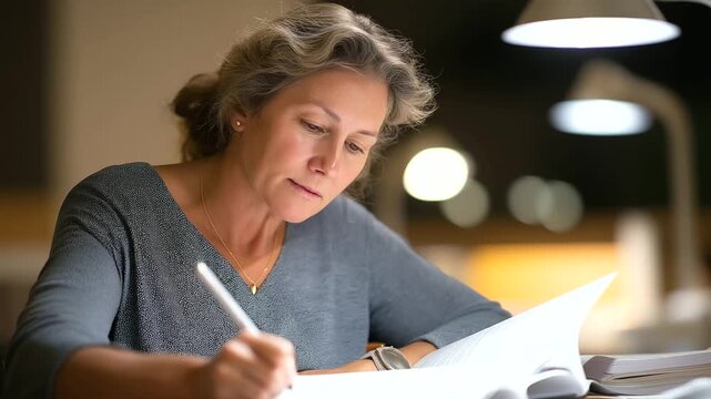 A focused mature student in a nighttime class, engaged in adult education and algebra studies. This dedicated student's academic pursuit in an evening class setting is key to problem-solving