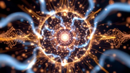 Energy Nexus: A mesmerizing abstract depiction of a nexus of radiant energy, where vibrant golden and cerulean streams converge, forming a dazzling display of cosmic forces. - Powered by Adobe