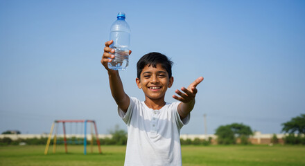A young boy holds up a bottle of water on a sunny day in the park to stay hydrated and healthy