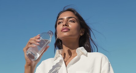 Young woman drinking water from a plastic bottle on a sunny day to stay hydrated and healthy