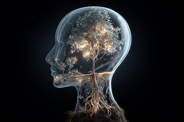 Futuristic surreal digital painting of a transparent human head with a glowing tree inside, roots intertwining with neurons, symbolizing mental growth, clarity, and resilience,mindfullness,digi mind