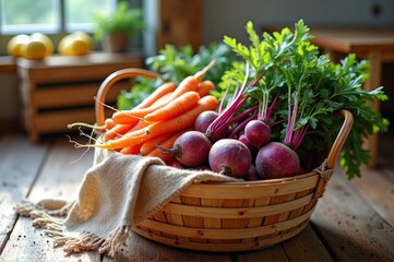 Fresh organic vegetables in rustic basket on wooden table with natural light
