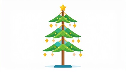 Fototapeta premium Modern flat design illustration of a festive holiday Christmas tree, adorned with a golden star and ornaments, perfect for seasonal celebrations and winter themes.