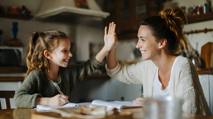 African-American mother and daughter high-fiving during homework, representing support, education, and family encouragement.