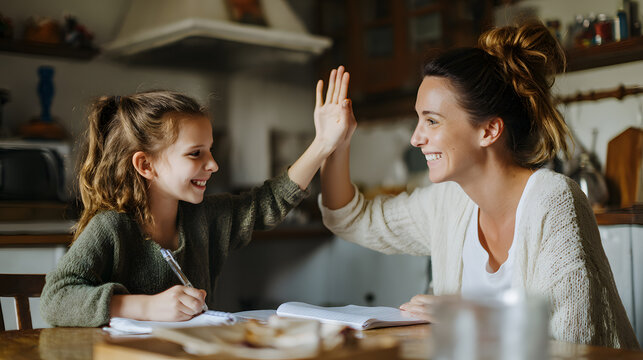 African-American mother and daughter high-fiving during homework, representing support, education, and family encouragement.