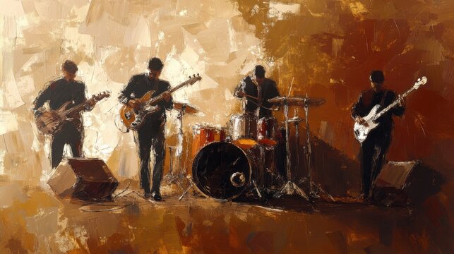 Abstract impressionistic painting capturing a live band performance on stage