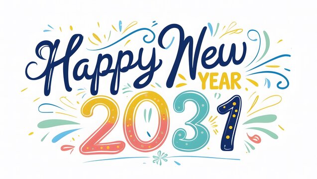 Happy New Year 2031 Celebration Greeting - Festive Typography with Colorful Confetti and Sparkles