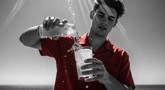 Young man in a red shirt is outdoors pouring a refreshing glass of water on a sunny summer day