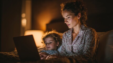 Mother and daughter bonding over laptop cozy bedroom lifestyle evening intimate scene