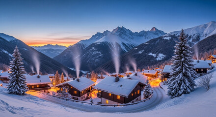 Winter snow mountain village landscape scene snowy alps mountain range travel destination scenic view dusk