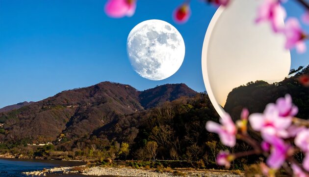 Full moon over mountains and cherry blossoms